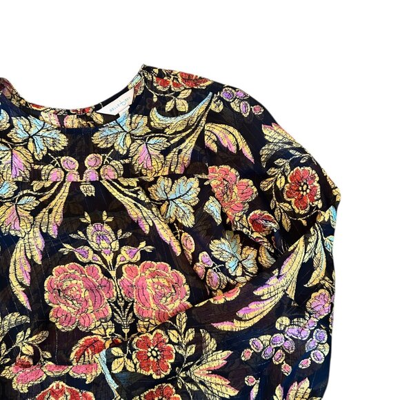 Belle + Sky Boho Semi Sheer Metallic Woven Floral Bell Sleeve Top XS - Picture 2 of 7